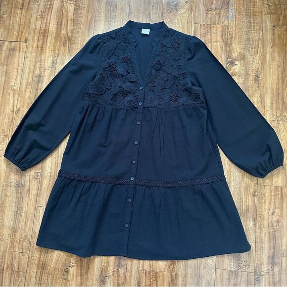 Poheme Paris Lace Detailing Button Front Long Sleeve Tiered Dress Size M/L Black - Picture 2 of 11